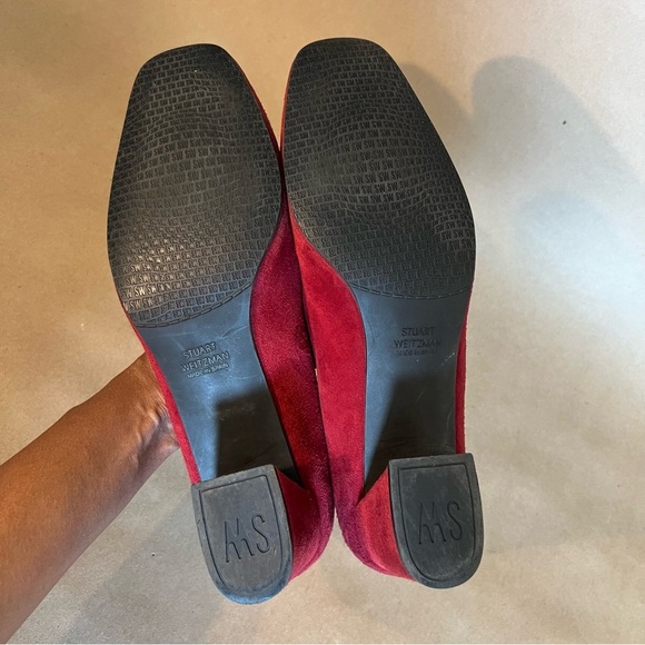 Stuart Weitzman Maroon Suede Leather Square Toe Block Heel Pumps Women’s Size 10 - Picture 6 of 9